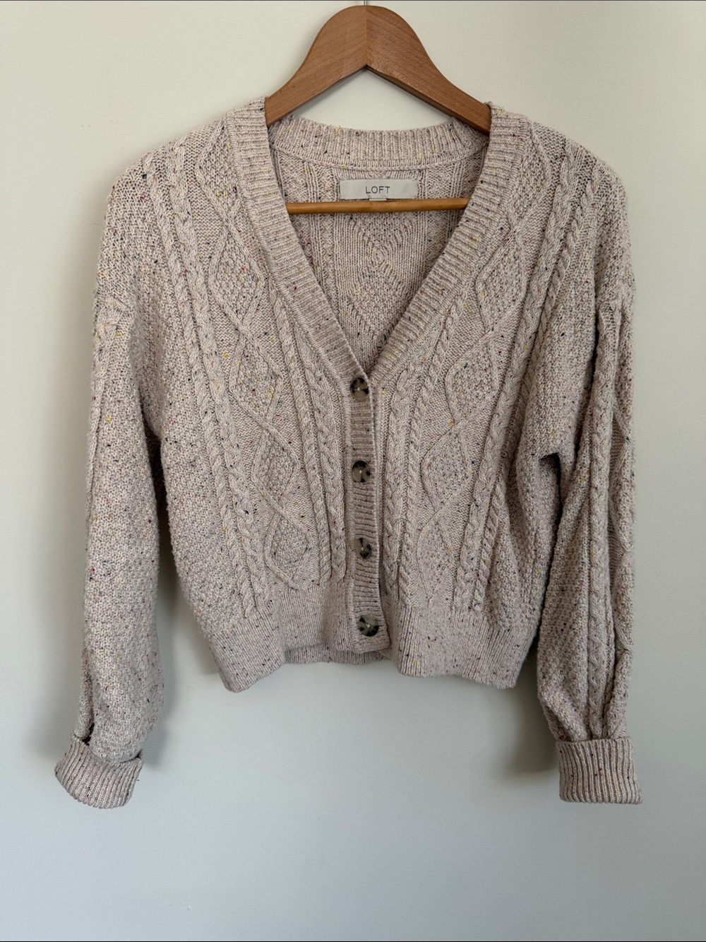 LOFT Neutral Speckled Cable-Knit V-Neck Button Cardigan
